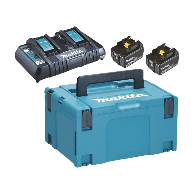 Pack 2 batteries + 1 chargeur double MAKITA 18V Li-Ion 5Ah + coffret MAKPAC 197629-2 - Déstockage