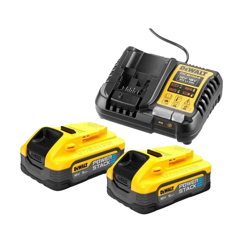 Pack 2 batteries + 1 chargeur DEWALT 18V Li-Ion 5Ah PowerStack XR DCB1104H2-QW - Déstockage