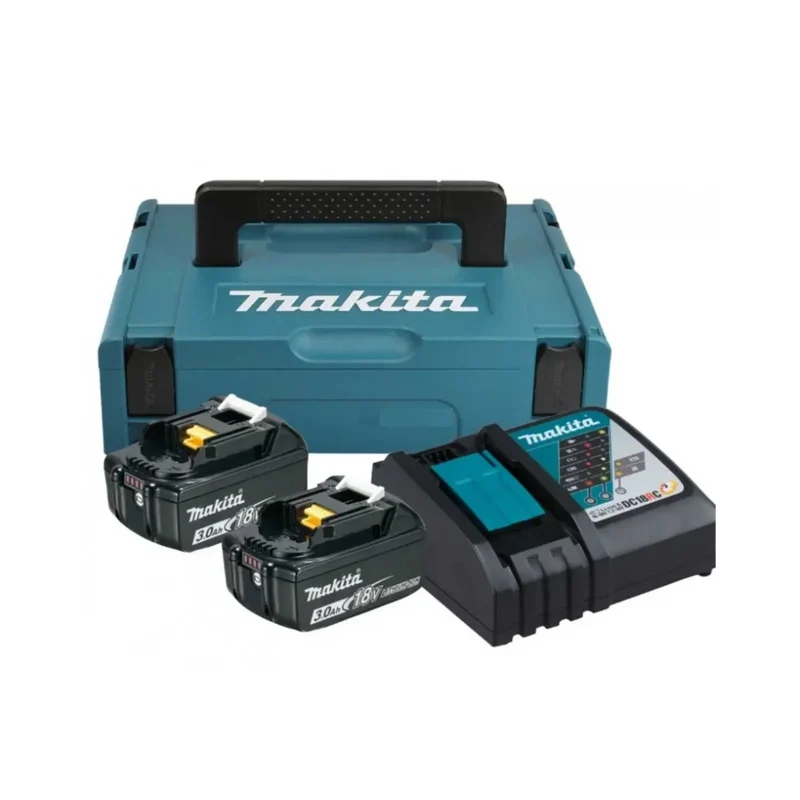 Pack 2 batteries + 1 chargeur MAKITA 18V Li-Ion 3Ah + coffret MAKPAC BL1830B + DC18RC - Déstockage