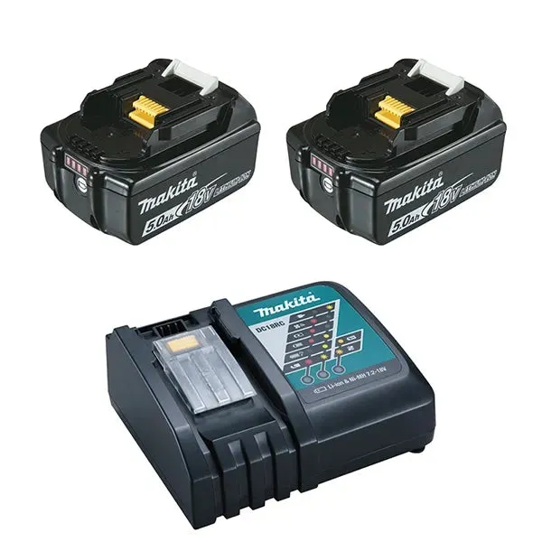 Pack 2 batteries + 1 chargeur MAKITA 18V Li-Ion 5Ah BL1850B + DC18RC - Déstockage