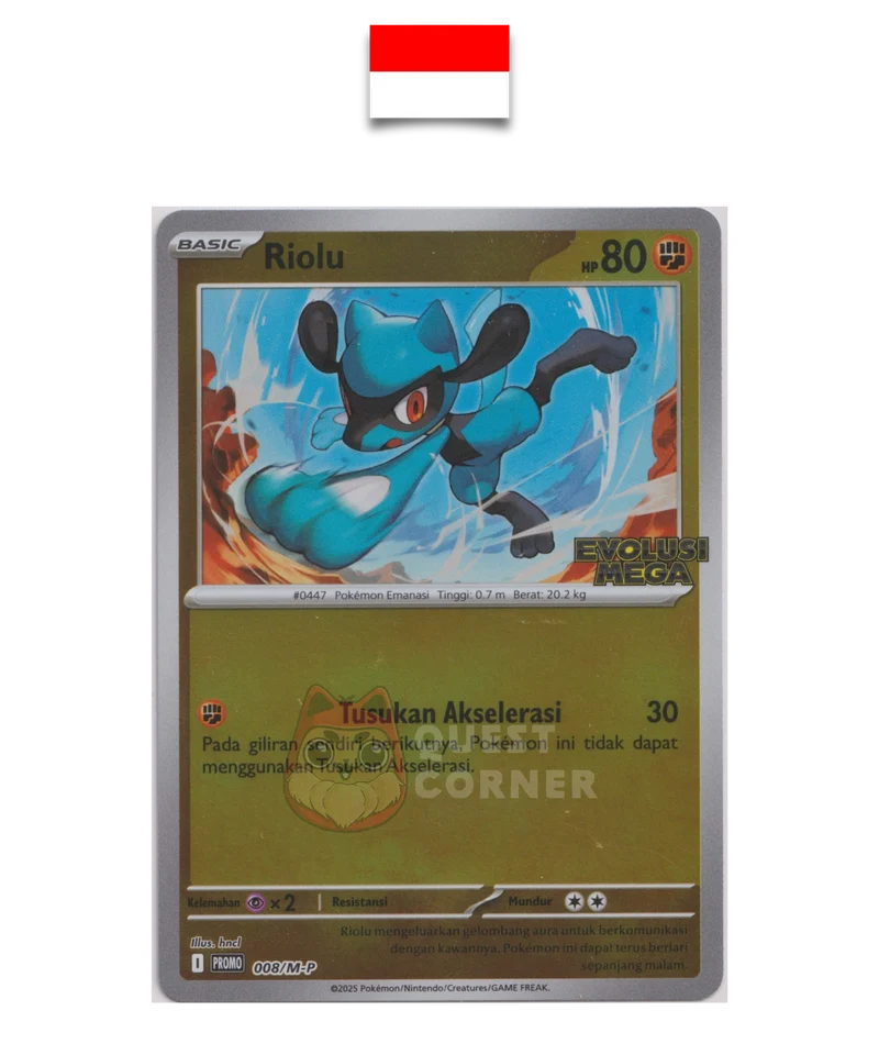 Carte Pokémon – Riolu 008/M-P – Reverse Holo – Promo Stamp – Evolusi Mega – Indonésien