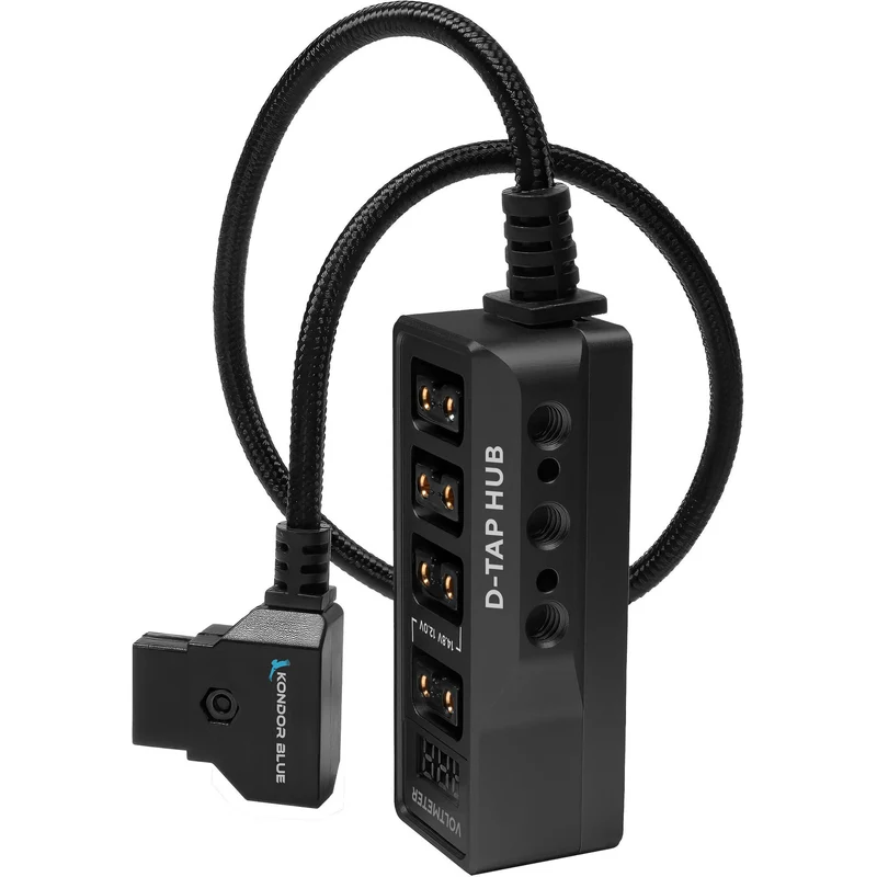 Kondor Blue 12V Metal D-Tap Hub Voltmeter 4 Way Port Power Tap Splitter (1/4”-20 Threads) (Raven Black)