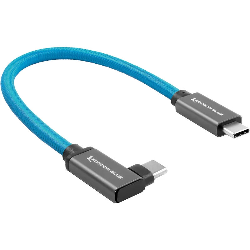 Kondor Blue USB C to USB C Cable for SSD Recording & Charging - 8K Data and Power Delivery (Right Angle)(12")