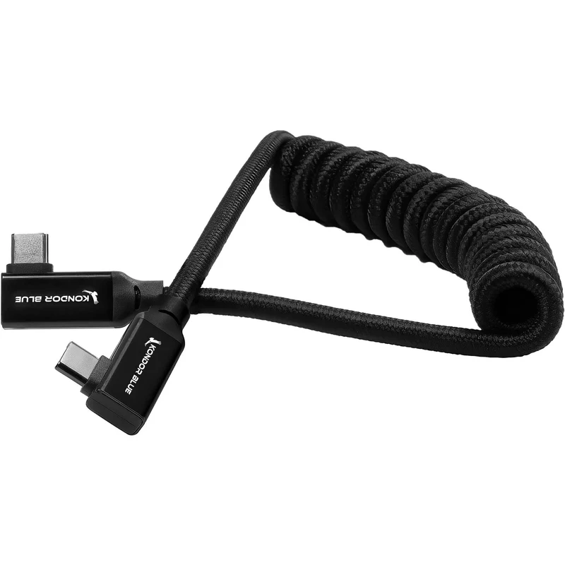 Kondor Blue USB C 3.1 Right Angle Braided Cable for 8K Data and Power Delivery (Raven Black)(Coiled)(12"-24")