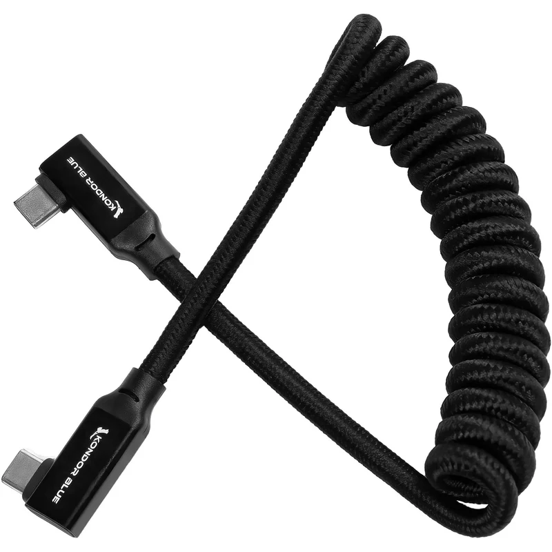 Kondor Blue USB C 3.1 Right Angle Braided Cable for 8K Data and Power Delivery (Raven Black)(Coiled)(12"-24")
