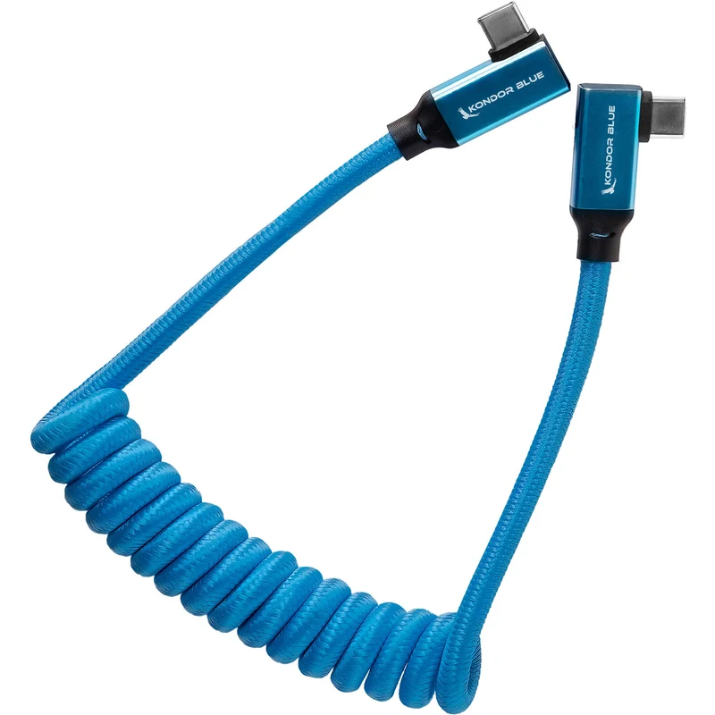 Kondor Blue USB C 3.1 Right Angle Braided Cable for 8K Data and Power Delivery (Kondor Blue)(Coiled)(12"-24")