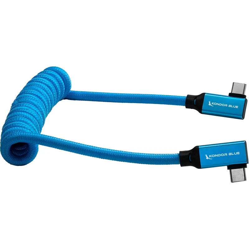 Kondor Blue USB C 3.1 Right Angle Braided Cable for 8K Data and Power Delivery (Kondor Blue)(Coiled)(12"-24")