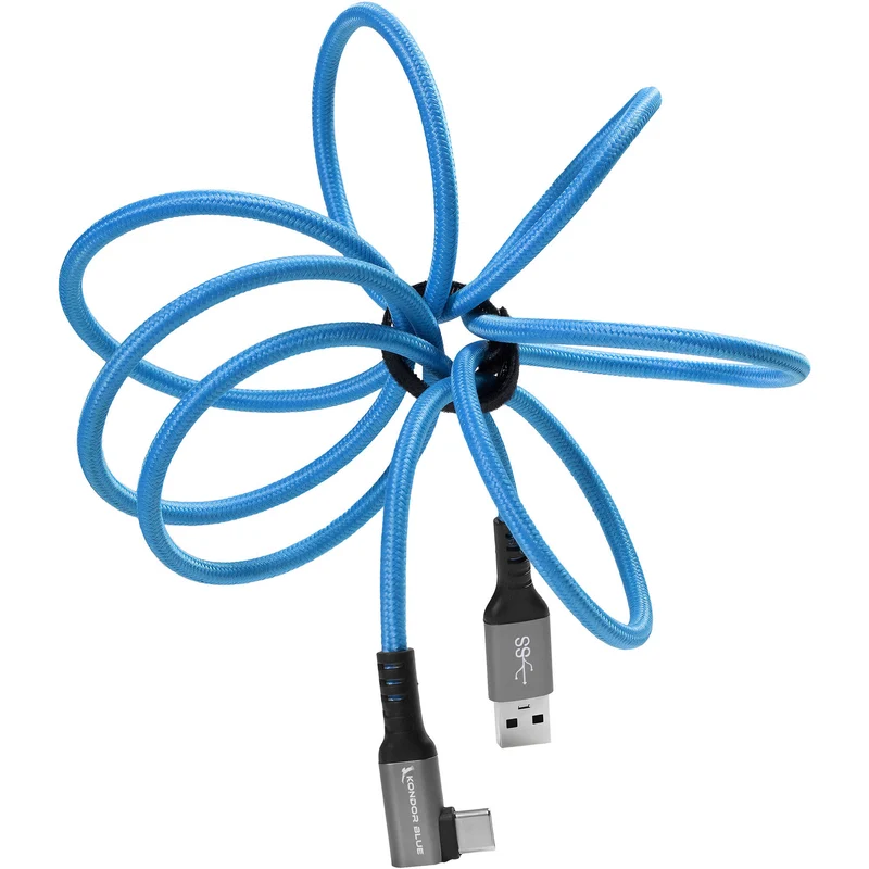 Kondor Blue USB A TO USB C RIGHT ANGLE HIGH SPEED DATA AND POWER CABLE 3A 60W 5G (5 FEET)