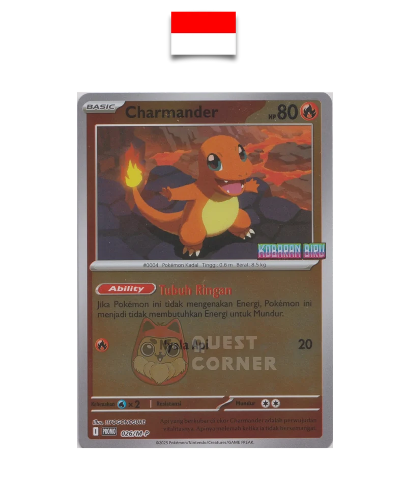 Carte Pokémon – Salamèche 026/M-P – Reverse Holo – Promo Stamp – Kobaran Biru – Indonésien