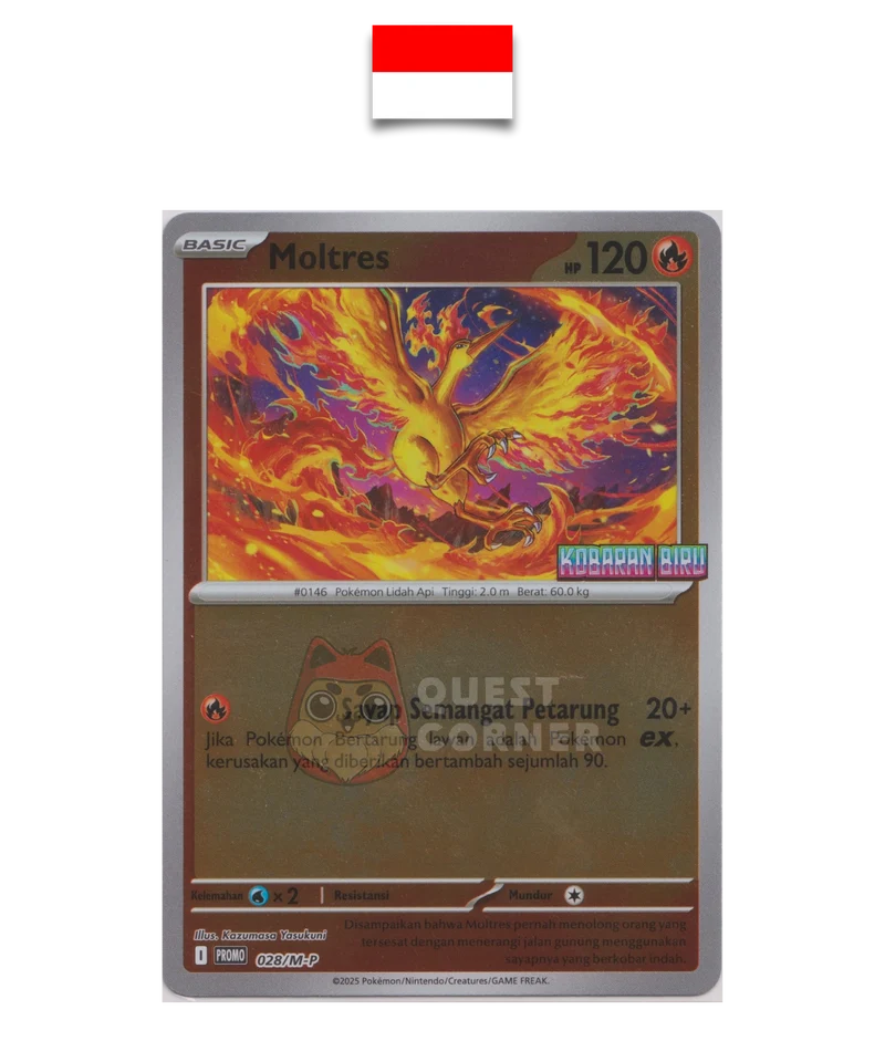 Carte Pokémon – Sulfura 028/M-P – Reverse Holo – Promo Stamp – Kobaran Biru – Indonésien