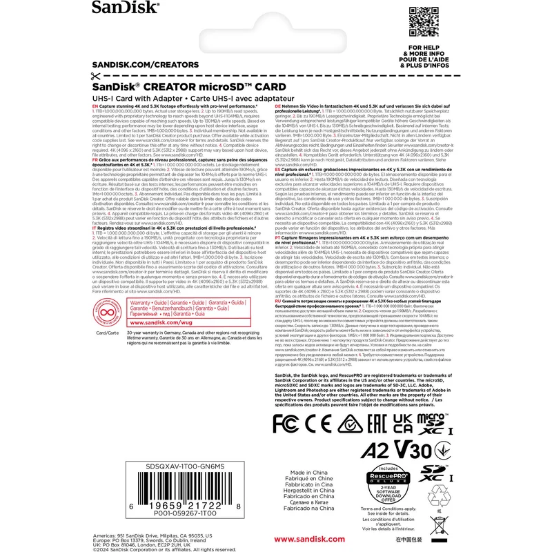 SanDisk 1TB Creator Series UHS-I microSDXC Memory Card with SD Adapter