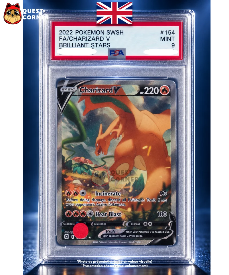 Carte Gradée Pokémon – Dracaufeu V 154/172 – Full Art Alternative – Brilliant Stars – PSA 9 – Anglais