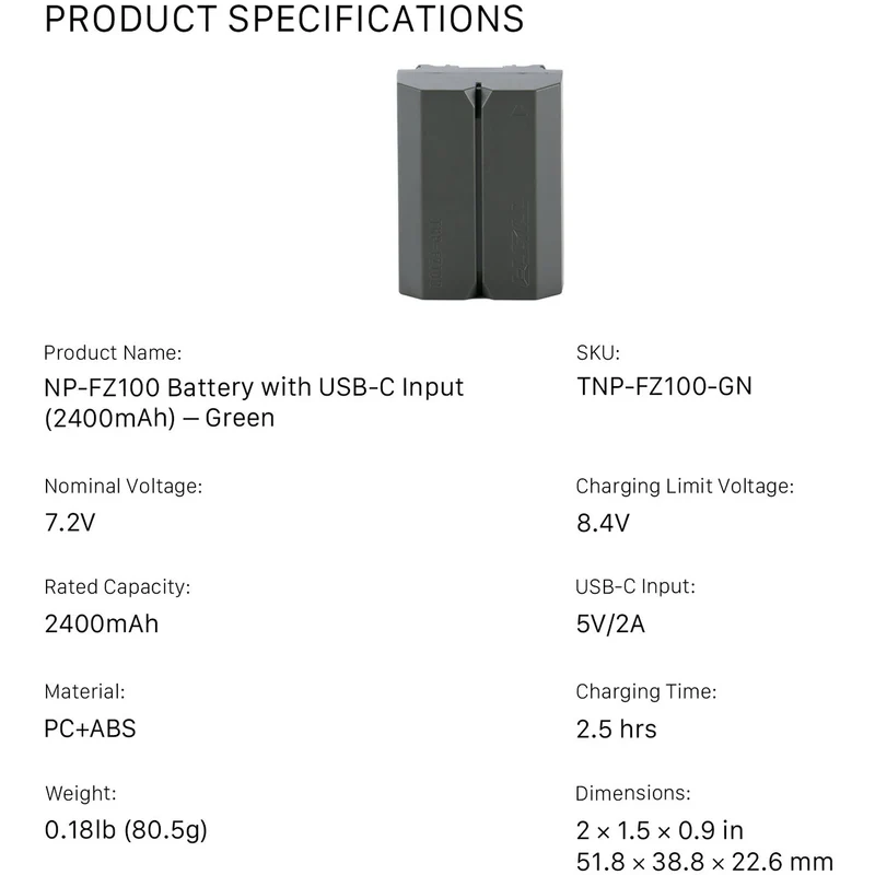 Tilta NP-FZ100 USB-C Battery (2400mAh)