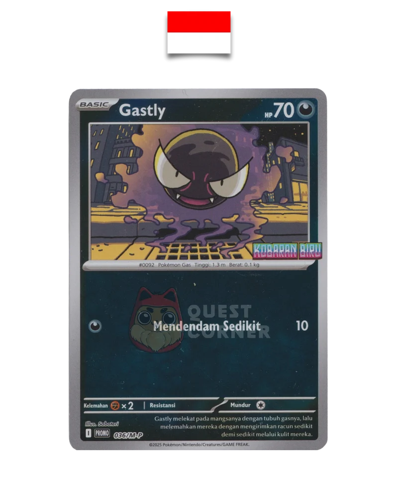 Carte Pokémon – Fantominus 036/M-P – Reverse Holo – Promo Stamp – Kobaran Biru – Indonésien