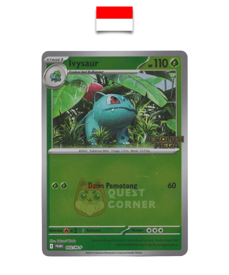 Carte Pokémon – Herbizarre 002/M-P – Reverse Holo – Promo Stamp – Evolusi Mega – Indonésien