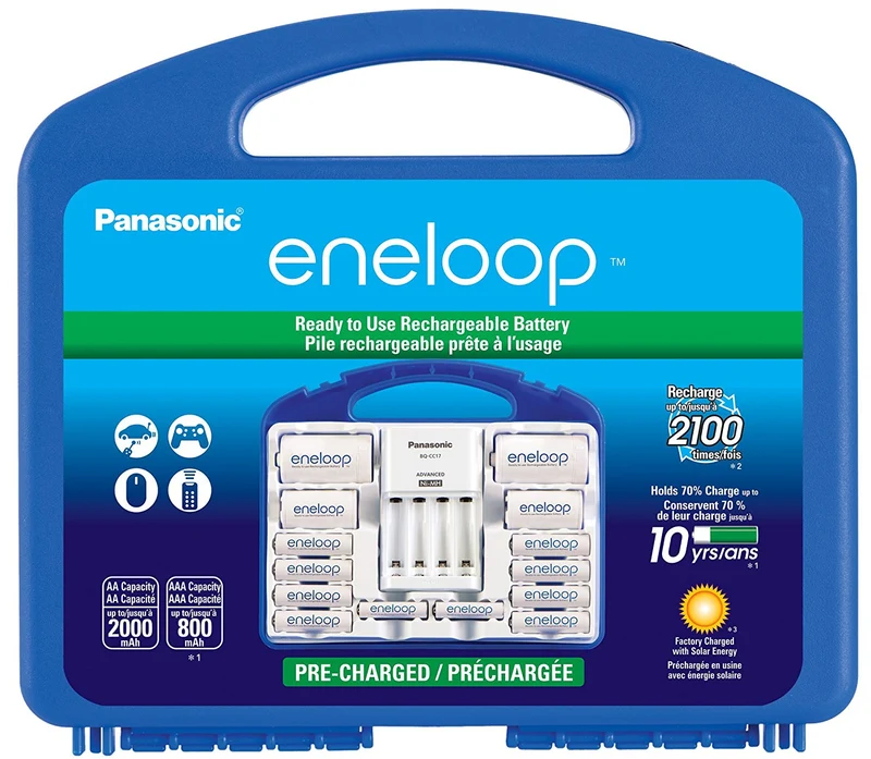Panasonic KKJ17MCC82F Eneloop Power Pack, New 2100 Cycle, 8AA, 2AAA, 2 "C" Spacers, 2 "D" Spacers, "Advanced" Individual Battery Charger