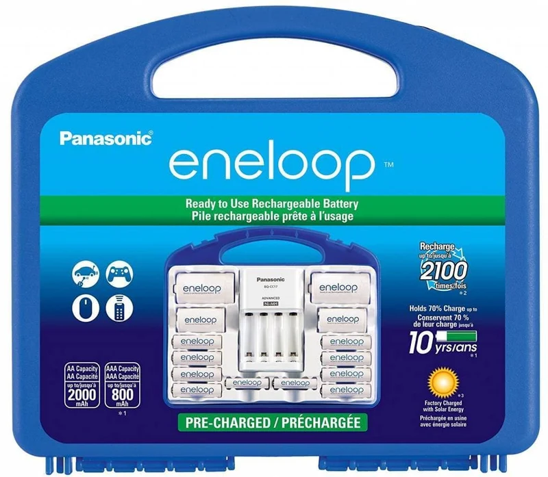 Panasonic KKJ17MCC82F Eneloop Power Pack, New 2100 Cycle, 8AA, 2AAA, 2 "C" Spacers, 2 "D" Spacers, "Advanced" Individual Battery Charger