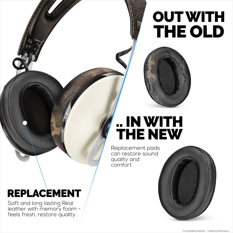 Coussinets de rechange pour casque Sennheiser Momentum 2 - Cuir véritable souple et mousse à mémoire de forme pour un confort optimal