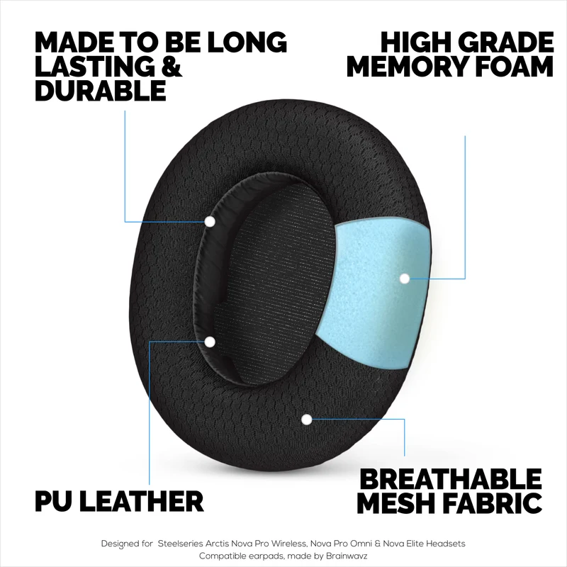 Coussinets d'oreille en tissu pour casques Steelseries Arctis Nova Pro Wireless, Nova Pro Omni et Nova Elite, en maille respirante et mousse à mémoire de forme haute densité.