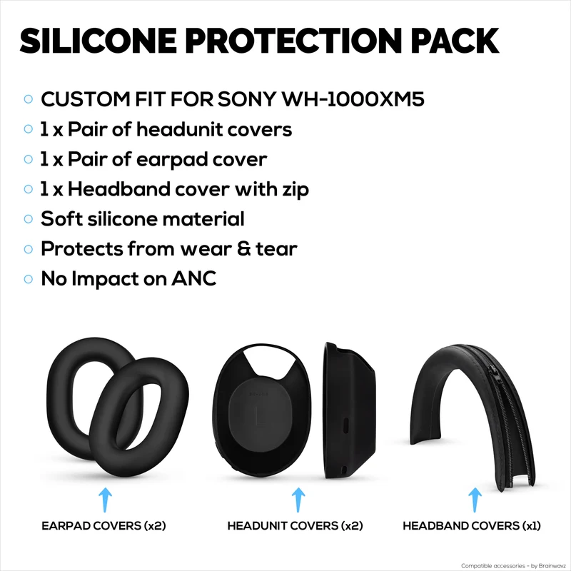 Ensemble de protections en silicone pour casque Sony WH-1000XM5 : arceau, oreillettes et coussinets – Résistant à la transpiration et à la poussière, antidérapant et facile à installer