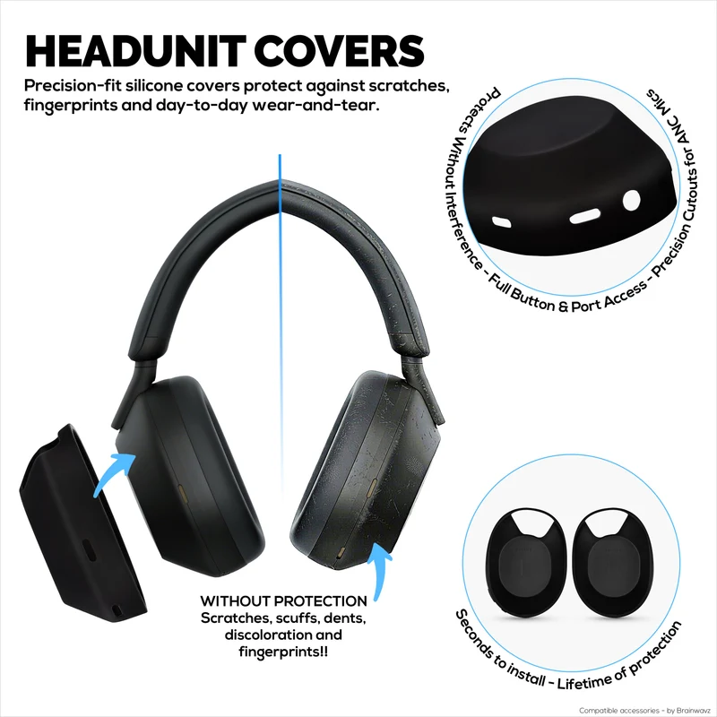 Ensemble de protections en silicone pour casque Sony WH-1000XM5 : arceau, oreillettes et coussinets – Résistant à la transpiration et à la poussière, antidérapant et facile à installer