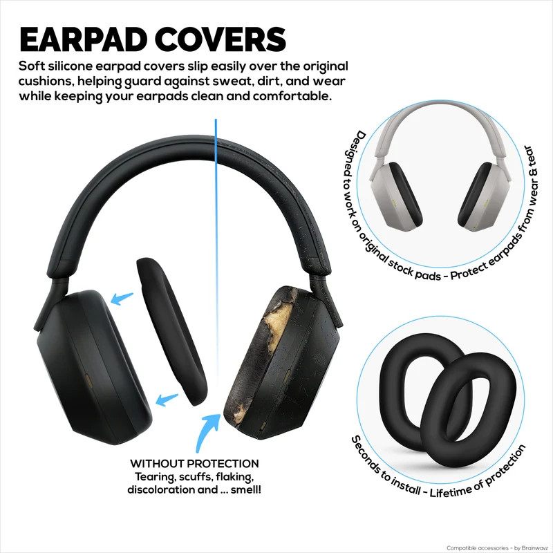 Ensemble de protections en silicone pour casque Sony WH-1000XM5 : arceau, oreillettes et coussinets – Résistant à la transpiration et à la poussière, antidérapant et facile à installer