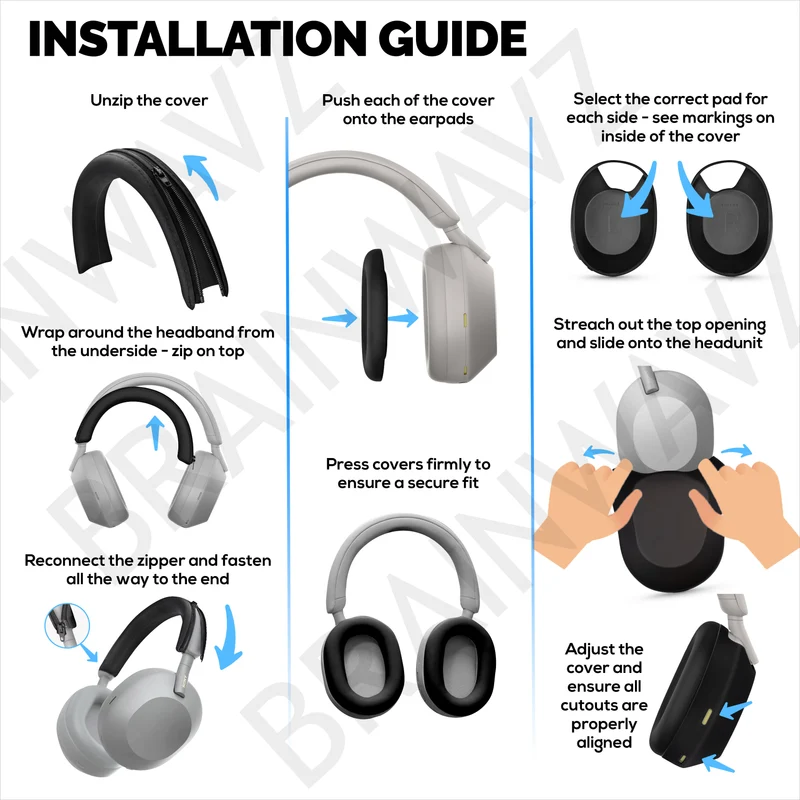 Ensemble de protections en silicone pour casque Sony WH-1000XM5 : arceau, oreillettes et coussinets – Résistant à la transpiration et à la poussière, antidérapant et facile à installer