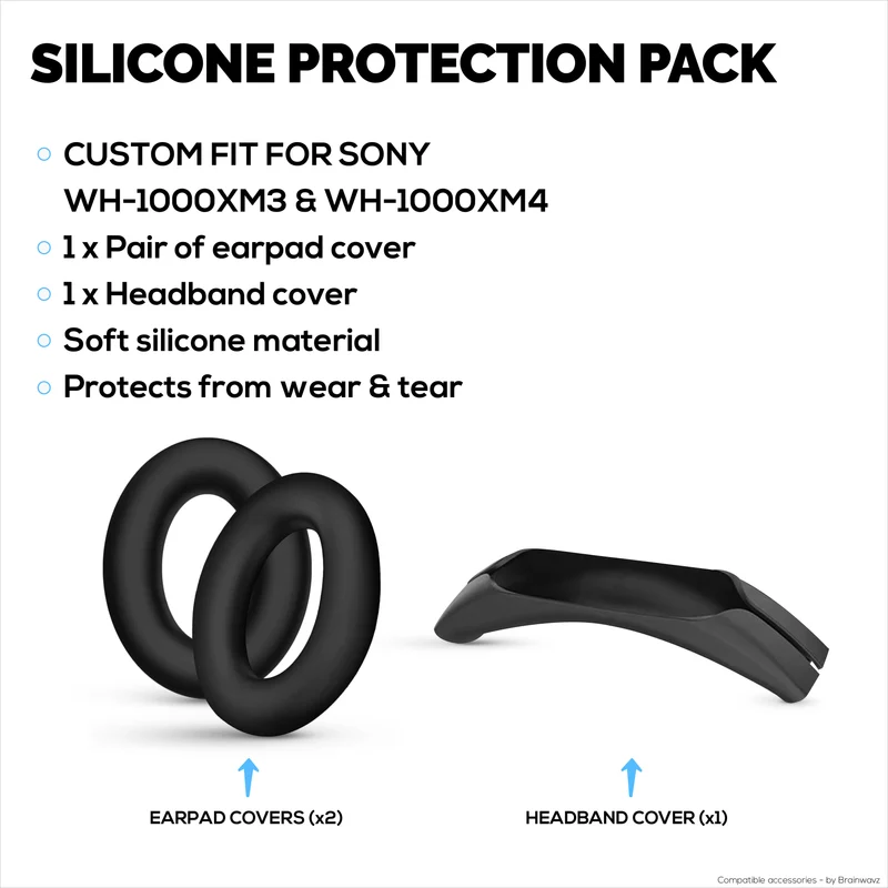 Ensemble de protections en silicone pour casque Sony WH-1000XM3 et WH1000XM4 : protections pour arceau et coussinets d’oreille, résistantes à la transpiration et à la poussière, antidérapantes et faciles à installer.