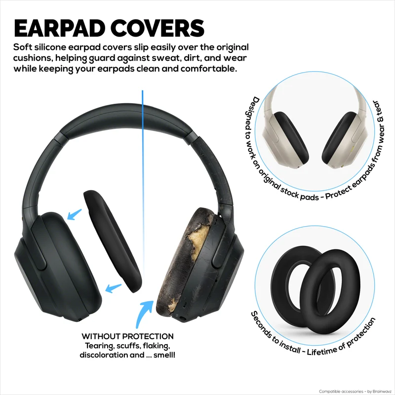 Ensemble de protections en silicone pour casque Sony WH-1000XM3 et WH1000XM4 : protections pour arceau et coussinets d’oreille, résistantes à la transpiration et à la poussière, antidérapantes et faciles à installer.