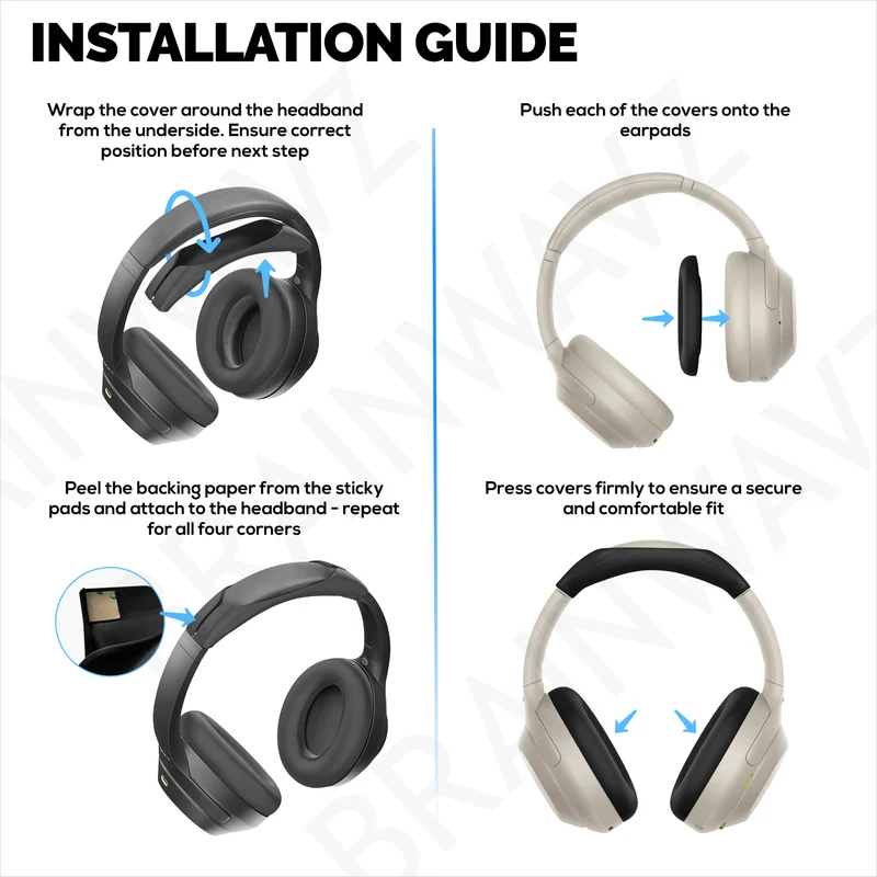 Ensemble de protections en silicone pour casque Sony WH-1000XM3 et WH1000XM4 : protections pour arceau et coussinets d’oreille, résistantes à la transpiration et à la poussière, antidérapantes et faciles à installer.