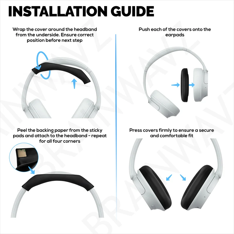 Ensemble de protections en silicone pour casque Sony WH-CH720N : couvre-arceau et coussinets – Résistant à la transpiration et à la poussière, antidérapant et facile à installer