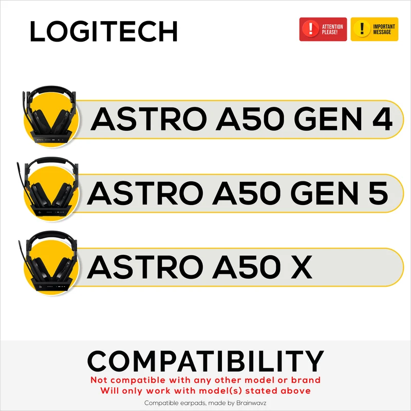 Coussinets d'oreille de rechange pour casques Logitech Astro A50 GEN4, A50 GEN5 et A50X. Cuir PU souple et mousse à mémoire de forme haute densité.