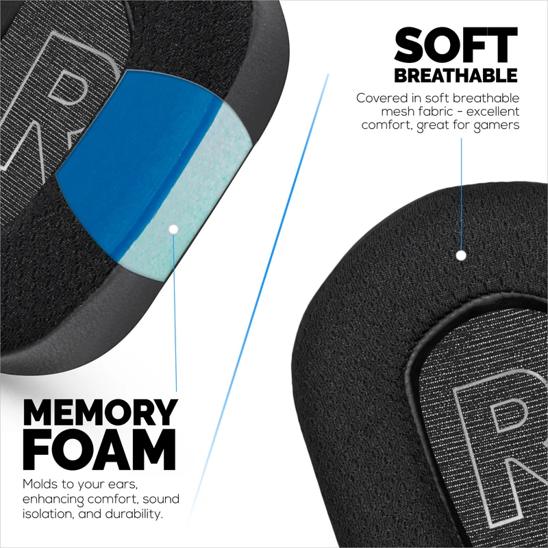 Coussinets d'oreille hybrides pour casques Logitech G733, G335 et G535 : gel rafraîchissant, tissu ultra-doux et mousse à mémoire de forme plus épaisse.