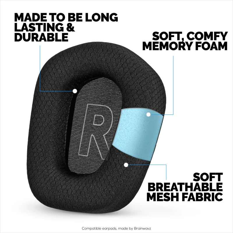 Coussinets d'oreille en tissu mesh pour casques Logitech G733, G335 et G535, tissu mesh respirant et mousse à mémoire de forme haute densité.
