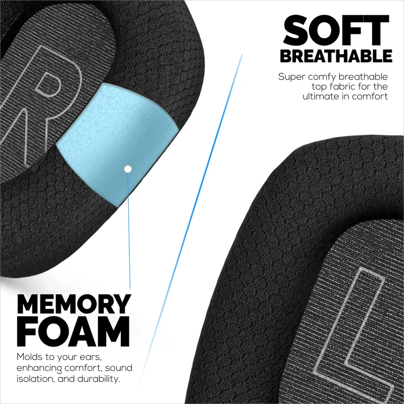 Coussinets d'oreille en tissu mesh pour casques Logitech G733, G335 et G535, tissu mesh respirant et mousse à mémoire de forme haute densité.