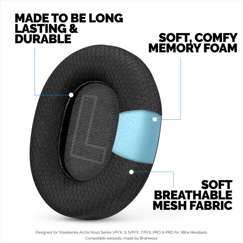 Coussinets d'oreille en tissu pour casques Steelseries Arctis Nova Series 1/P/X, 3, 5/P/X, 7/P/X, PRO et PRO pour Xbox, en maille respirante et mousse à mémoire de forme haute densité.