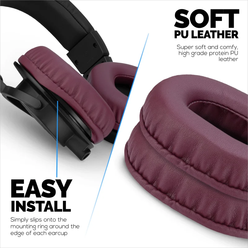 Coussinets de rechange pour casques Audio-Technica ATH-M50X, M50xBT, M50RD, M40X, M30X et M20X. Cuir PU souple avec mousse à mémoire de forme pour plus de confort et de durabilité.
