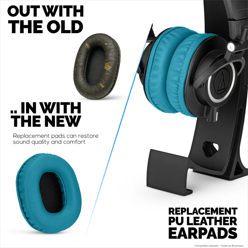 Coussinets de rechange pour casques Audio-Technica ATH-M50X, M50xBT, M50RD, M40X, M30X et M20X. Cuir PU souple avec mousse à mémoire de forme pour plus de confort et de durabilité.