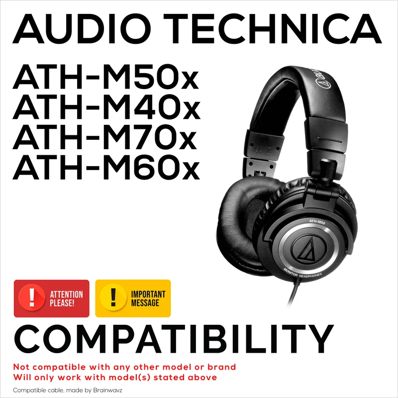 Câble audio spiralé de remplacement compatible avec les modèles Audio-Technica ATH-M50x, M40x, M70x et M60x – Jacks plaqués or 2.5 mm vers 3.5 mm avec adaptateur 6.5 mm