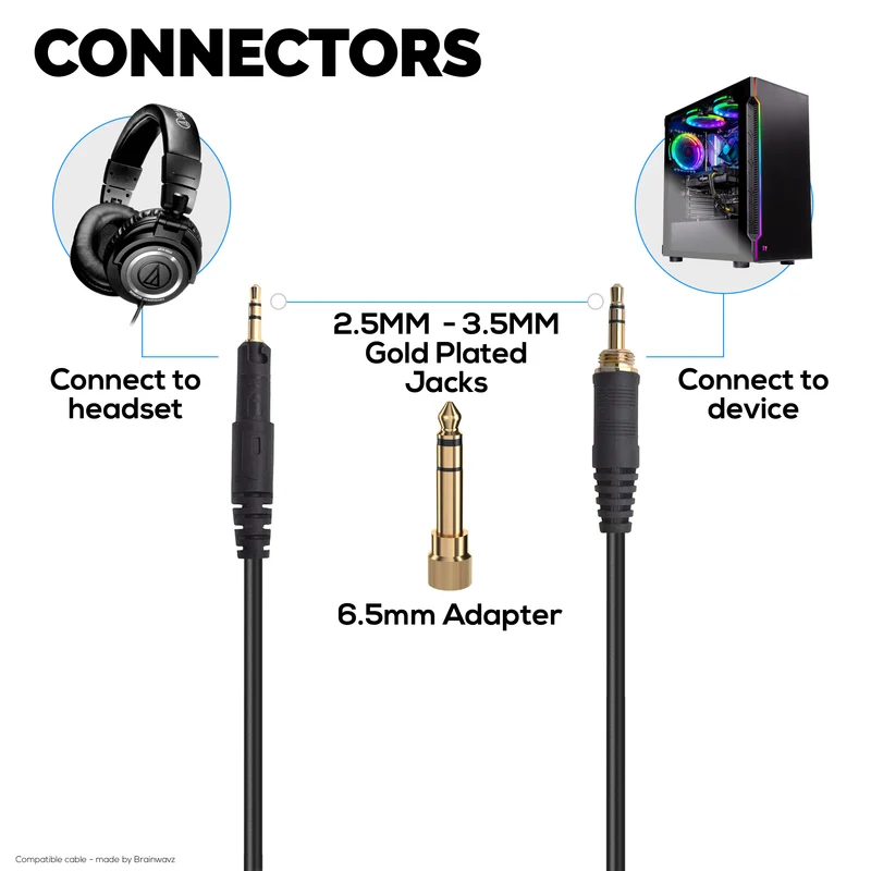 Câble audio spiralé de remplacement compatible avec les modèles Audio-Technica ATH-M50x, M40x, M70x et M60x – Jacks plaqués or 2.5 mm vers 3.5 mm avec adaptateur 6.5 mm