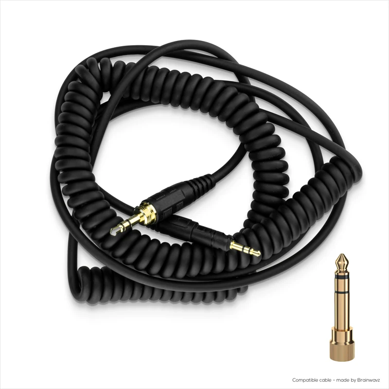 Câble audio spiralé de remplacement compatible avec les modèles Audio-Technica ATH-M50x, M40x, M70x et M60x – Jacks plaqués or 2.5 mm vers 3.5 mm avec adaptateur 6.5 mm