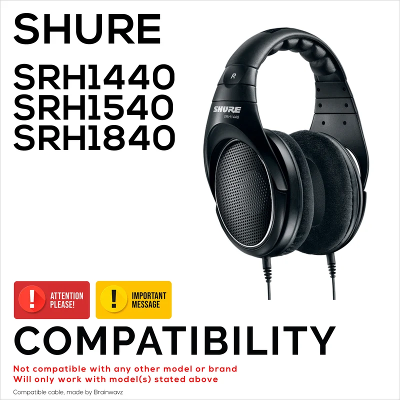 Câble audio de remplacement compatible avec les casques Shure SRH1440, SRH1540 et SRH1840 – Connecteurs MMCX vers 3.5 mm plaqués or avec adaptateur 6.5 mm