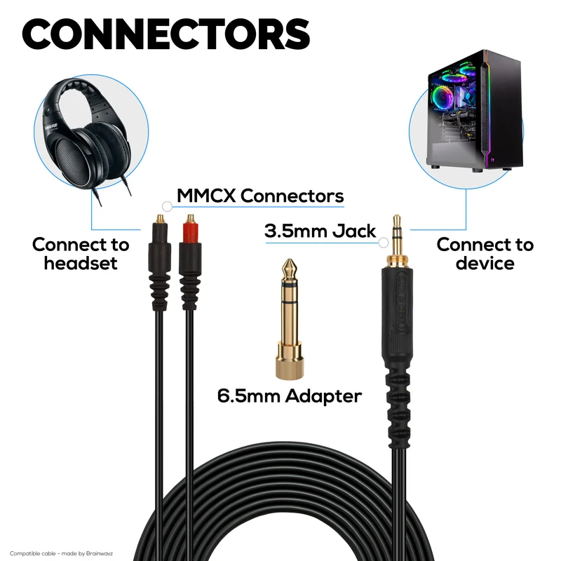 Câble audio de remplacement compatible avec les casques Shure SRH1440, SRH1540 et SRH1840 – Connecteurs MMCX vers 3.5 mm plaqués or avec adaptateur 6.5 mm