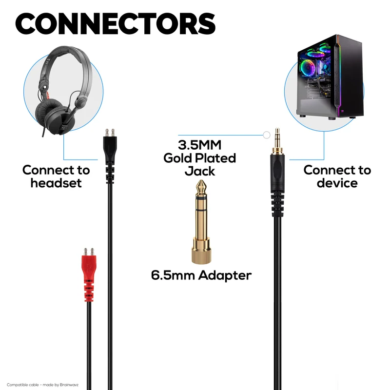 Câble audio spiralé de remplacement compatible avec les casques Sennheiser HD25, HD560, HD540, HD480, HD430, HD414 et HD250 - Jacks plaqués or 3.5 mm