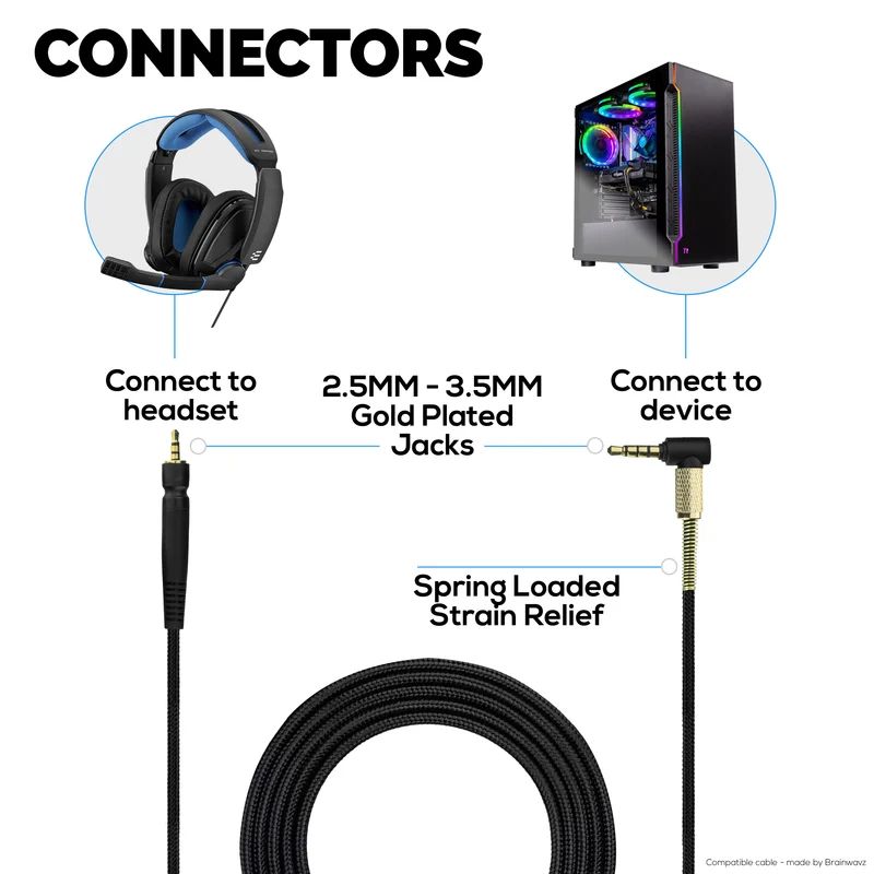 Câble audio de remplacement compatible avec Sennheiser GSP300, GSP350 et GSP600 – Cordon en nylon tressé, jacks 3.5 mm coudés et 2.5 mm plaqués or