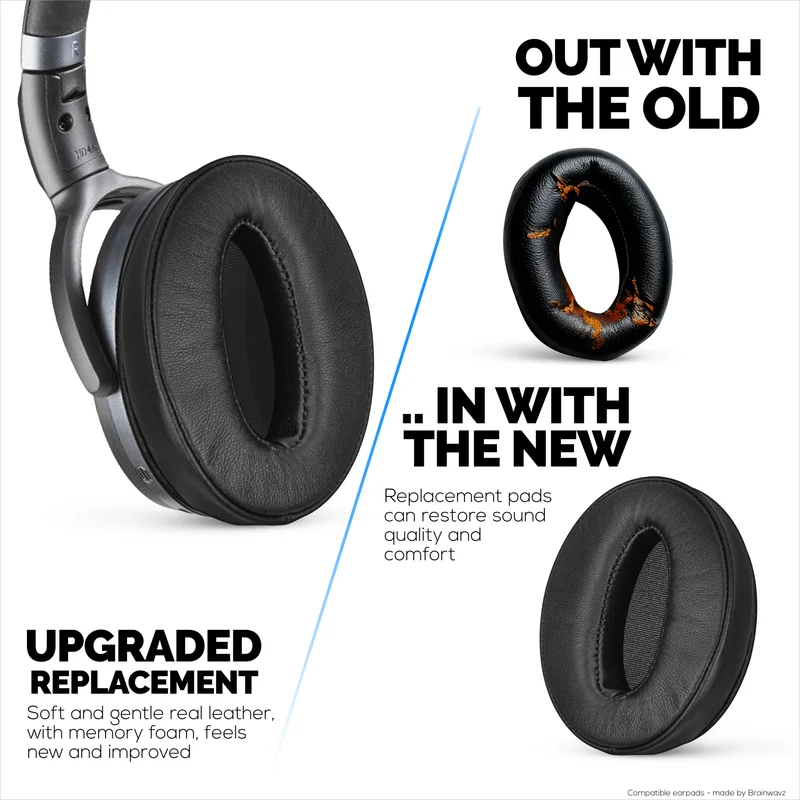 Coussinets de rechange pour casques Sennheiser HD4.50BT, HD4.50BTNC, HD450BT, HD4.50SE, HD4.40BT, HD4.30G, HD4.20S, HD458BT, HD450, HD400S et HD350BT. Cuir véritable souple et mousse à mémoire de forme.