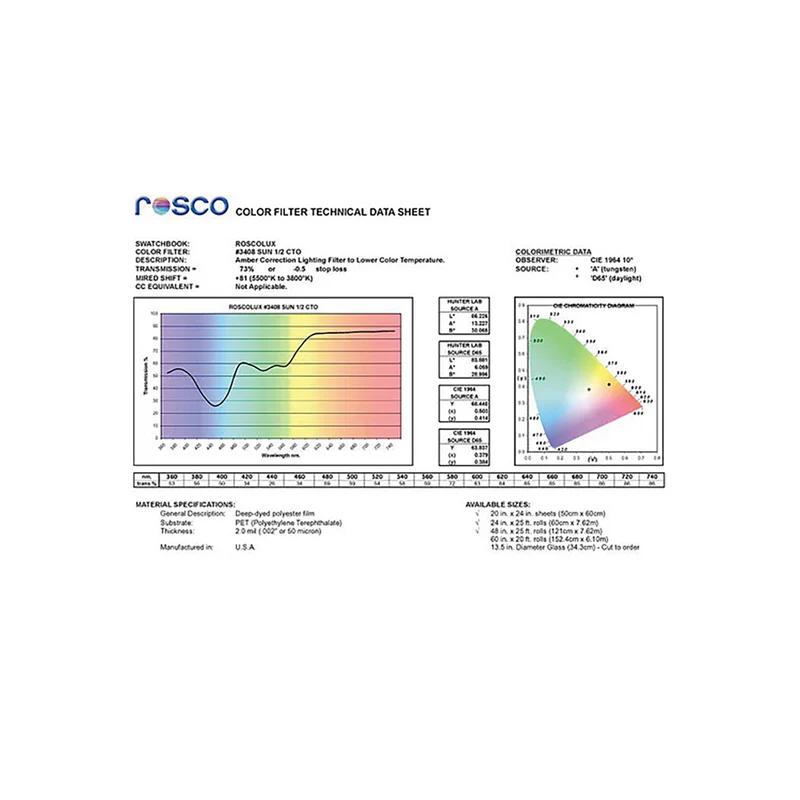 Rosco 3408 RoscoSun 1/2 CTO Gel Sheet 20" x 24"