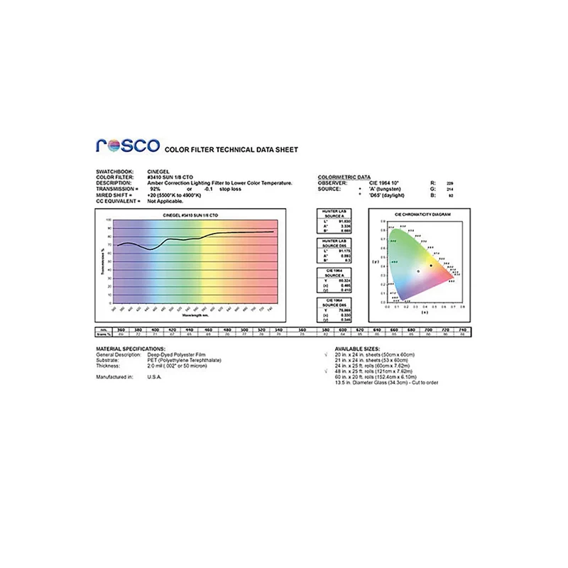 Rosco 3410 RoscoSun 1/8 CTO Gel Sheet 20" x 24"