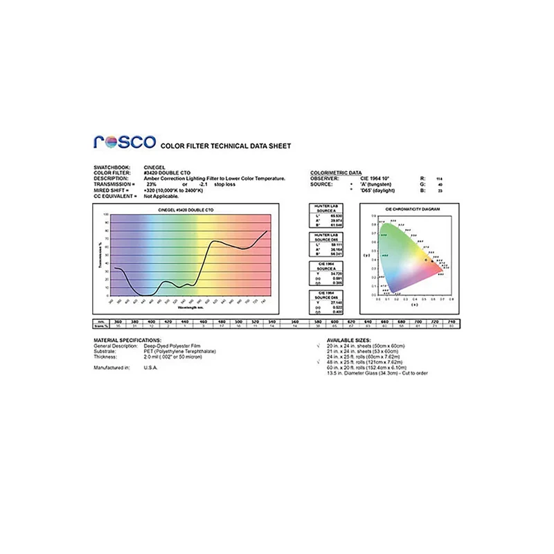 Rosco 3420 RoscoSun Double CTO Gel Sheet 20" x 24"