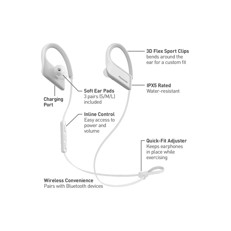 Panasonic WINGS Ultra-Light Wireless Bluetooth Sport Earphones - White